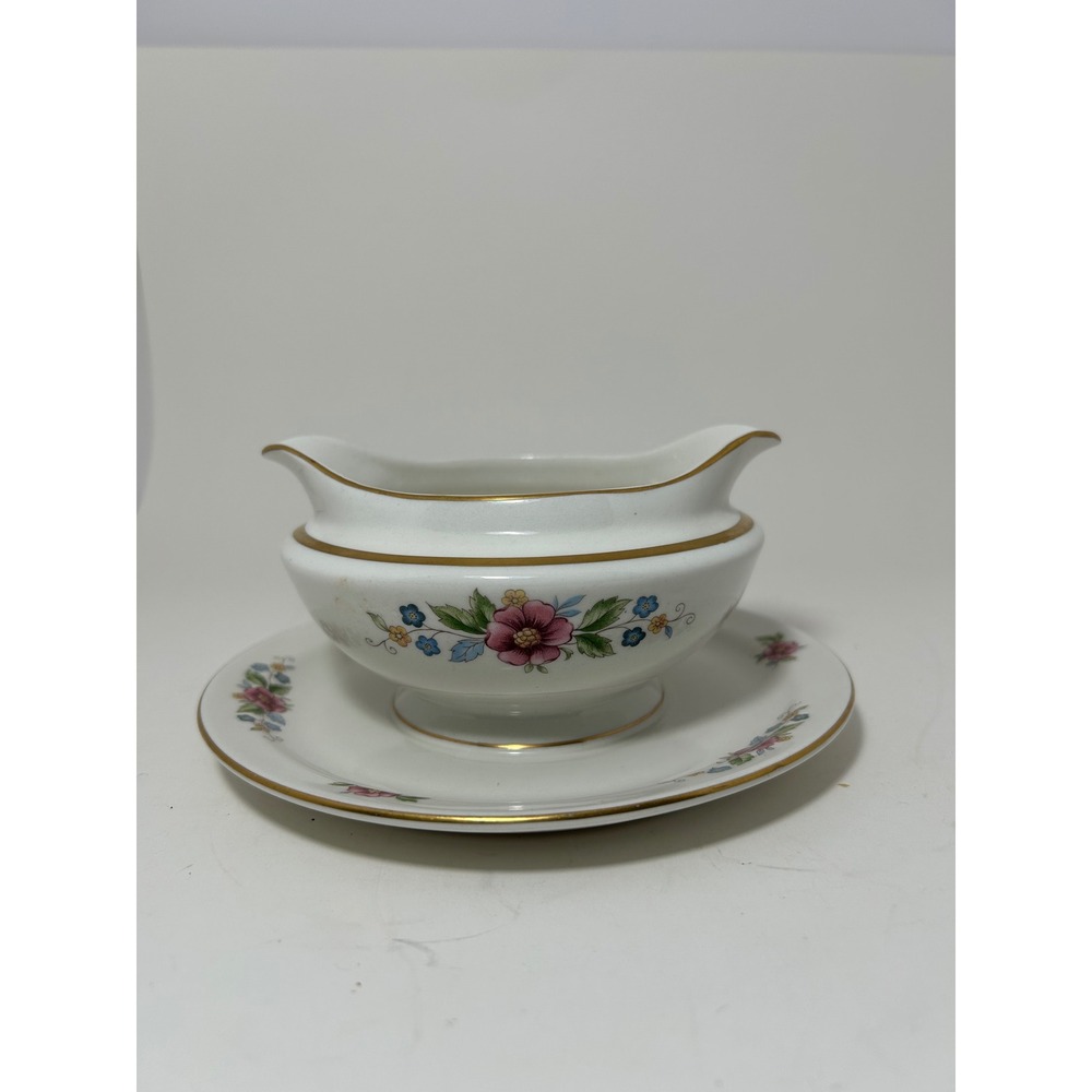 Warwick China Floral‎ Gravy Boat Attached Underplate Gold Trim Made USA Vintage